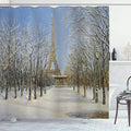 Ambesonne Country Shower Curtain, Winter Scene of Historical Eiffel Tower in Paris Snowy City Europe Urban View, Cloth Fabric Bathroom Decor Set with Hooks, 69" W x 84" L, White Blue Grey