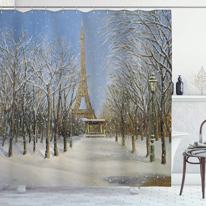 Ambesonne Country Shower Curtain, Winter Scene of Historical Eiffel Tower in Paris Snowy City Europe Urban View, Cloth Fabric Bathroom Decor Set with Hooks, 69" W x 84" L, White Blue Grey