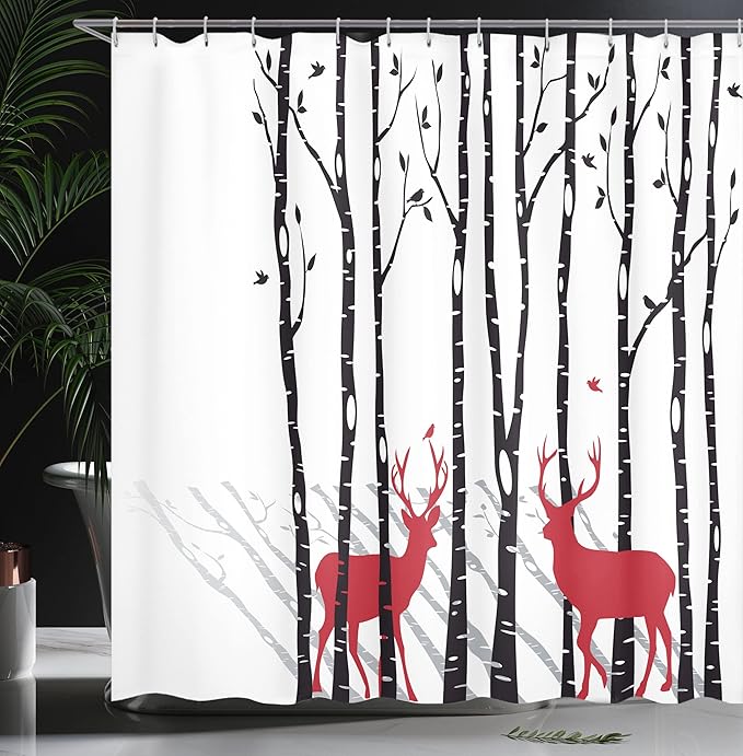 Ambesonne Antlers Shower Curtain, Deer Tree Forest with Red Holiday Theme Flying Leaves Branch Reindeer, Cloth Fabric Bathroom Decor Set with Hooks, 69" W x 70" L, White Vermilion