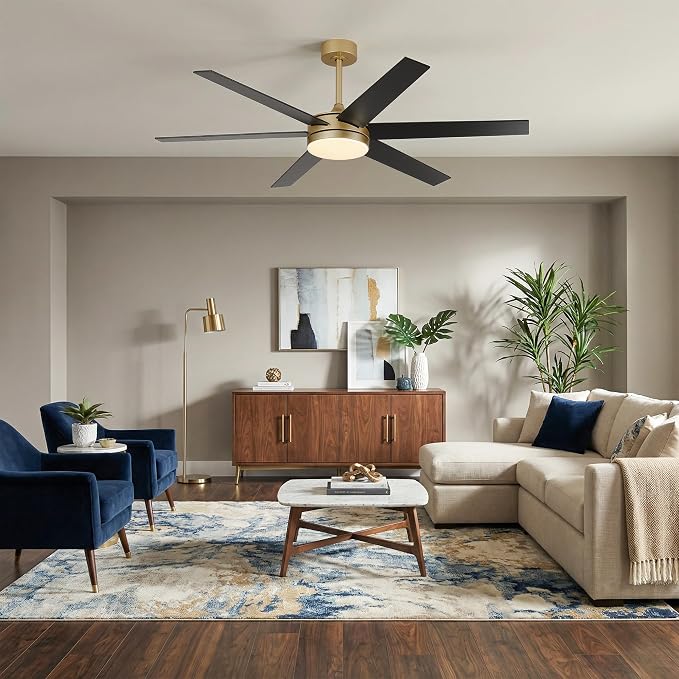 60 Inch Large Gold Ceiling fan with Lights and Remote/APP, Modern Black and Gold Ceiling Fan for bedroom Living Room Shop with 3CCT, 6-Speeds, Timer, 5 Blade Indoor Sleek Brass Fandelier