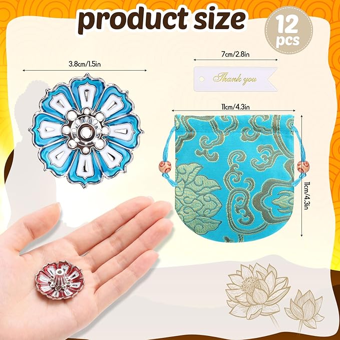 12 Sets Indian Return Gifts for Pooja Bulk Colorful Lotus Incense Holder Metal Incense Sticks Holder with Brocade Bags and Thanks Tags for Pooja Wedding Housewarming Spa Decor