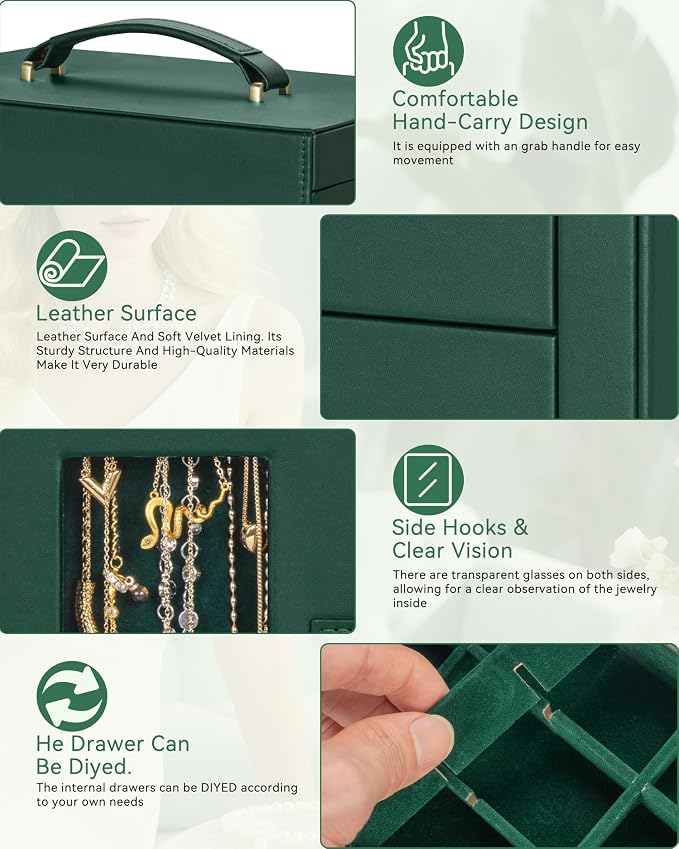 AKOZLIN 6-Tier Jewelry Box Organizer Functional 5 Drawers Leather Jewelry Storage Case for Women Girls Ring Necklace Earring Bracelet Holder Organizer with Mirror Green 360° Rotating