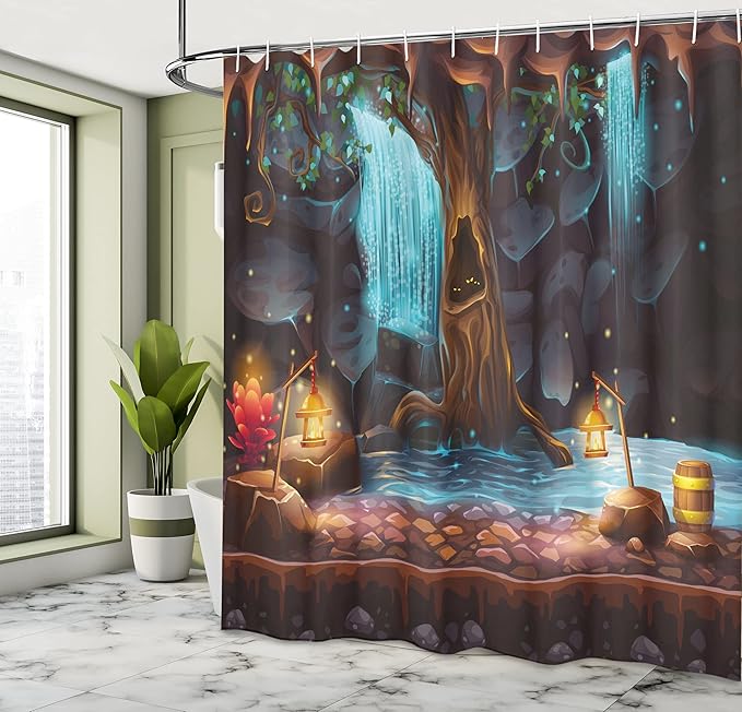 Ambesonne Fantasy Shower Curtain, Enchanted Forest with Cave Waterfall and Magic Tree Cask Colorful Elf Image, Cloth Fabric Bathroom Decor Set with Hooks, 69" W x 70" L, Brown Blue