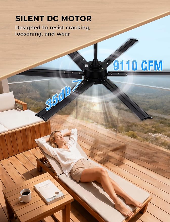 65 Inch IP64 Smart Aluminum Ceiling Fan with light, Alexa Voice Control | Durable PC Light Cover,6 Metal Black Blades and Up to 9110 High CFM Airflow,DC Motor for Outdoor Covered Patios Ceiling