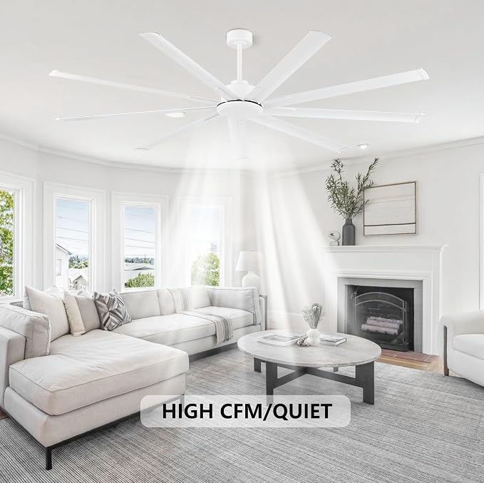 WINGBO Industrial Ceiling Fan No Light 84", 9 Aluminum Blades, 6 Speed Remote Control, Reversible DC Motor, for Home and Commercial Use, Living Room/Shop/Warehouse White