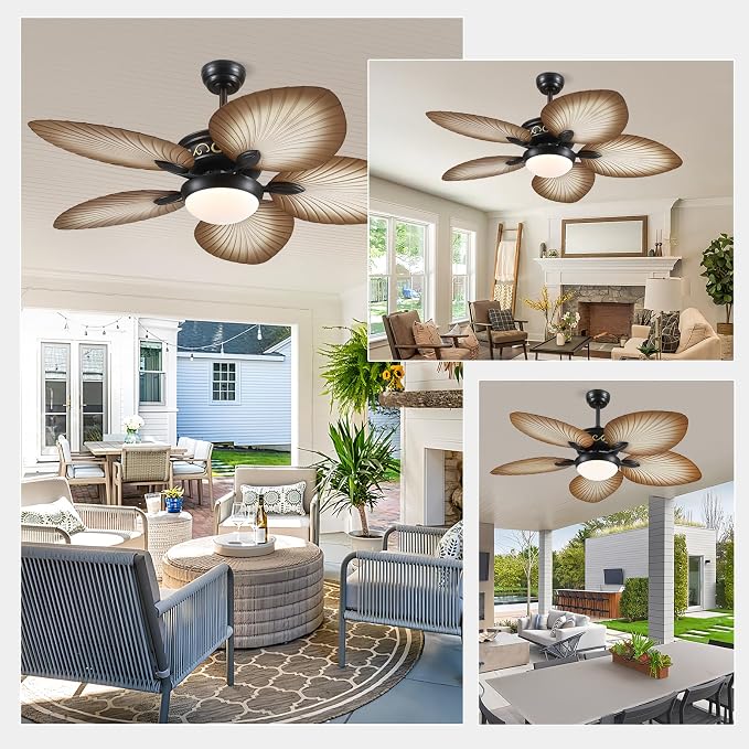 Wiviniya 52 Inch Tropical Ceiling Fans with Lights, Palm Leaf Outdoor Ceiling Fan with Light for Patios Porch Bedroom, Remote/APP Control, Reversible Quiet DC Motor, Dimmable LED, Wood Grain
