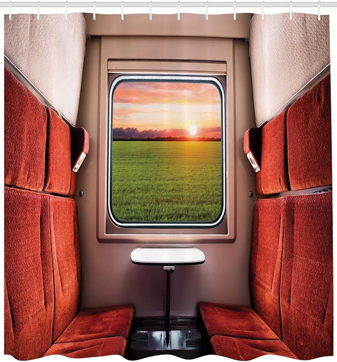Ambesonne Nature Shower Curtain, Fresh Nature Setting from Train Compartment Window Railroad Destination Travel, Cloth Fabric Bathroom Decor Set with Hooks, 69" W x 84" L, Red Green Cream