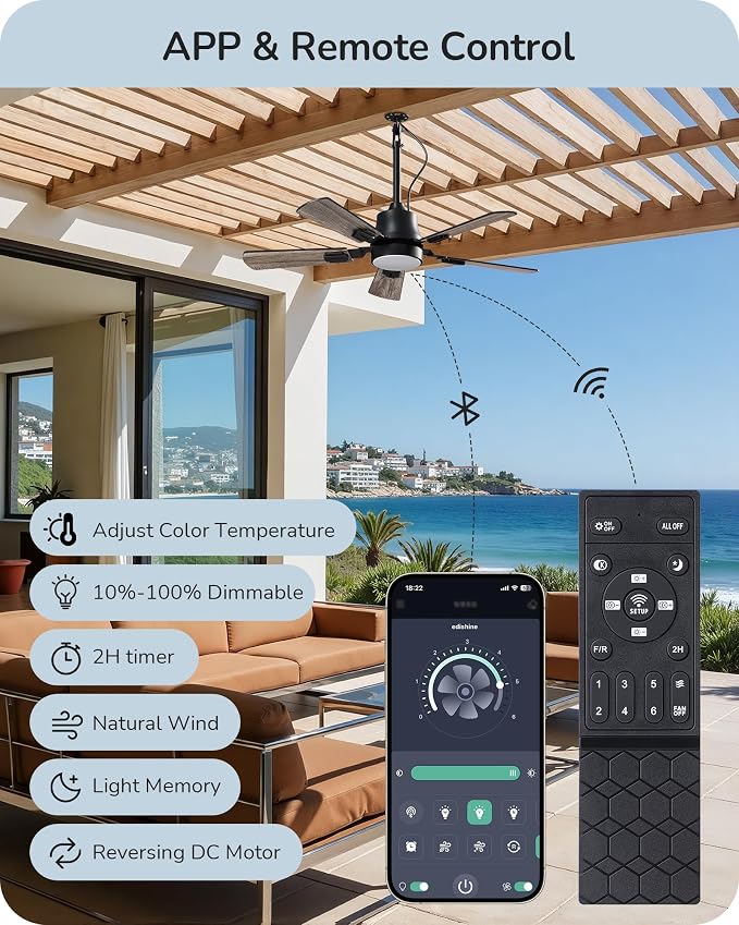 EDISHINE 42" Outdoor Ceiling Fan with Light, IP66 Waterproof Gazebo Hanging Fan, 4800 CFM, 3CCT, APP/Remote Control, 5 Wood Blade, 6-Speed Winds, Plug in Ceiling Fans for Patios Porch Pergola, Black