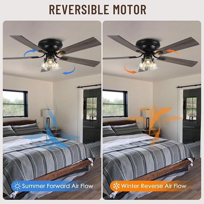 52'' Flush Mount Ceiling Fans with Lights and Remote Control | Reversible DC Motor,5 Reversible Blade,6 Speeds,Rustic Farmhouse Ceiling Fan for Living Room,Dining Room,Bedroom
