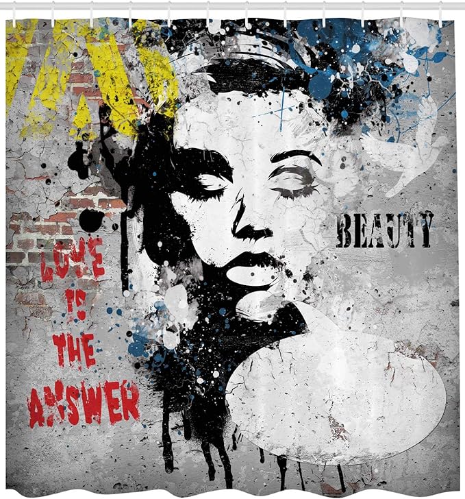 Ambesonne Graffiti Shower Curtain, Modern and Grunge Wall with a Girl and Words Casual Youth Urban Fashion Print, Cloth Fabric Bathroom Decor Set with Hooks, 69" W x 75" L, Yellow Grey