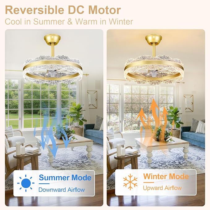 Depuley Fandelier Ceiling Fans with Lights: 20" Gold Cagd Fan with Remote Control - Crystal Chandelier Fan Light for Girl's Bedroom Living Room Nursery