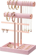 Jewelry Organizer Stand for Necklaces, Bracelets, Earrings, Rings, Pink | 3 Tier Velvet Bracelet Holder Display | Jewelry Organizers and Storage | Jewelry Tree | Jewelry Towers