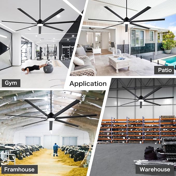 Minislak 96" Industrial & Commercial HVLS 7 Black Aluminum Blades Ceiling Fan with Light and Compatible Alexa,High CFM Brushless Motor,6-Speed,Indoor Outdoor Ceiling Fan for Patio,Garage,Shop,Library