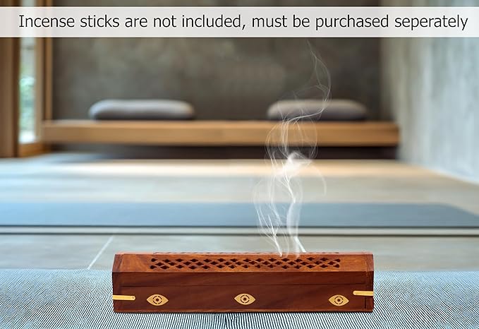 Sheesham Wood Incense Burner Holder – 2 Pack Handcarved Coffin Style Evil Eye Inlay Incense Box - Hidden Storage & Ash Catcher – Aromatherapy Incense Stick & Cone Burner - 12x2x2 – COTTON CRAFT