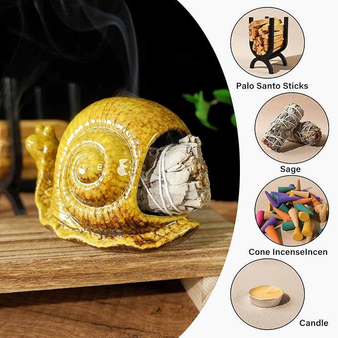 MOUGIGI Handcrafted Yellow Ceramic Snail Palo Santo Holder - Mini Fireplace Incense Burner for Sage, Wood Sticks, Cones & Tealights - Unique Aromatic Smudge Bowl for Yoga and Meditation Gifts