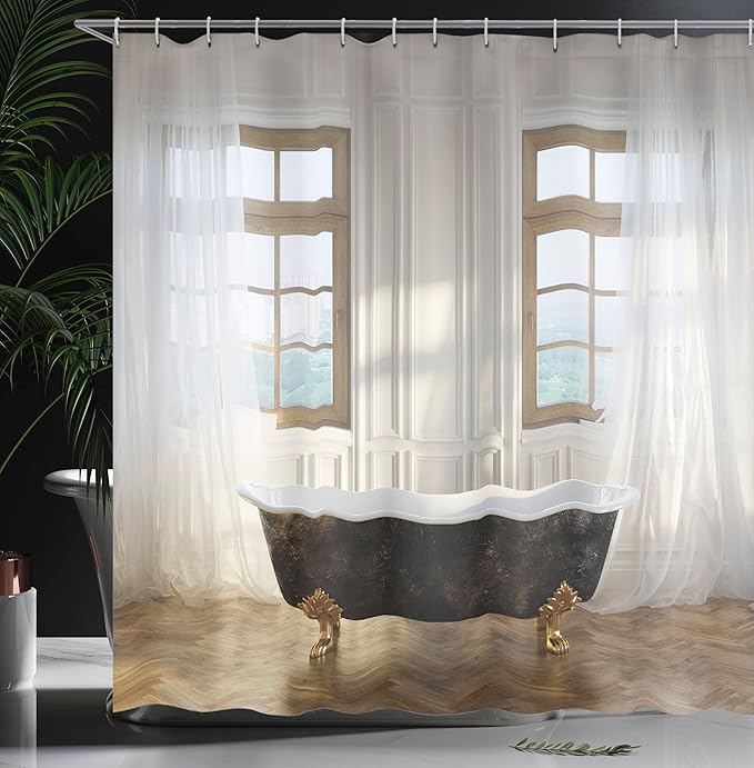 Ambesonne Antique Shower Curtain, Retro Bathtub in Modern Room Interior Hardwood Classics Space Design, Cloth Fabric Bathroom Decor Set with Hooks, 69" W x 70" L, White Black Pale Brown