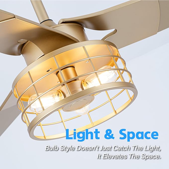 Chandelier Ceiling Fans With Lights And Remote,Caged Ceiling Fan With Light,App 3 Blades E26 Fandelier Ceiling Fans With Lights,Crystal Ceiling Fan For Bedroom,Living Room. (Gold, 52 In'ch)