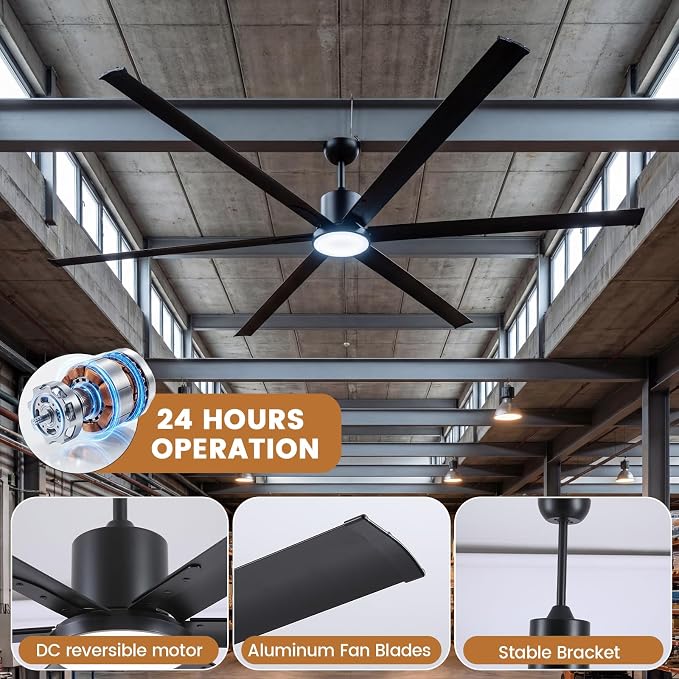 Newday 96" Large Industrial Ceiling Fan, 11500 CFM High Volume Low Speed (HVLS) Fan, DC Motor with 6 Aluminum Blades, Reversible Modern Fan with Light for Commercial Shop, Barn, Patio, Black