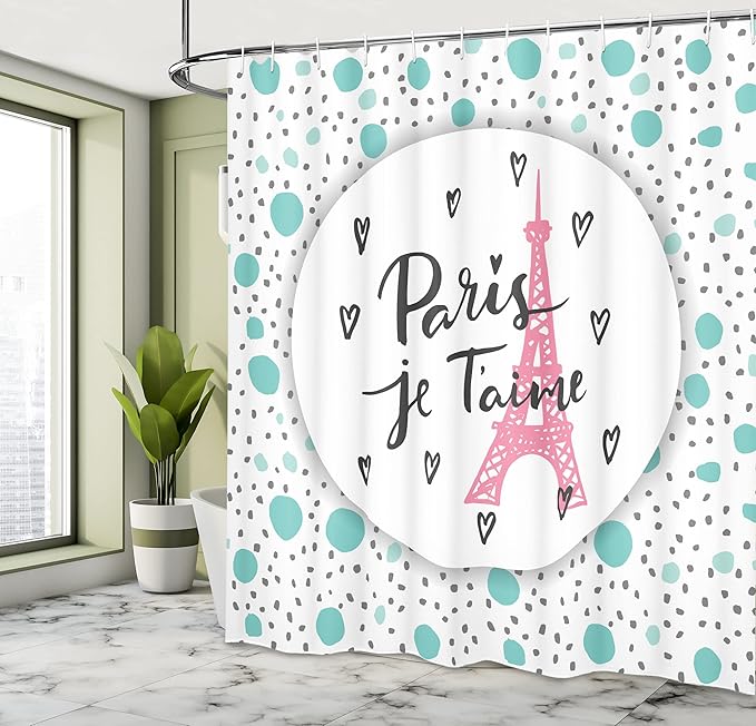 Ambesonne Paris Shower Curtain, I Love You Lettering Fashion Modern Background Europe Architecture, Cloth Fabric Bathroom Decor Set with Hooks, 69" W x 84" L, Turquoise Grey