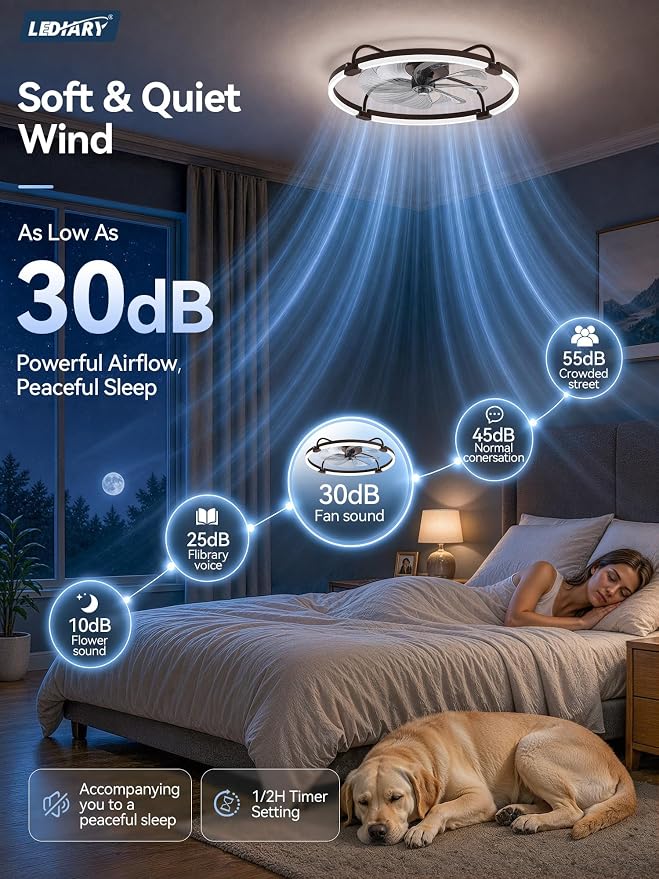 LEDIARY Ceiling Fans with Lights and Remote, Low Profile fan Light, Brown | 24 Inch 3000K-6000K Stepless Dimmable Fandelier, Reversible DC Motor, Remote and APP Control, Bedroom Kitchen Living Room