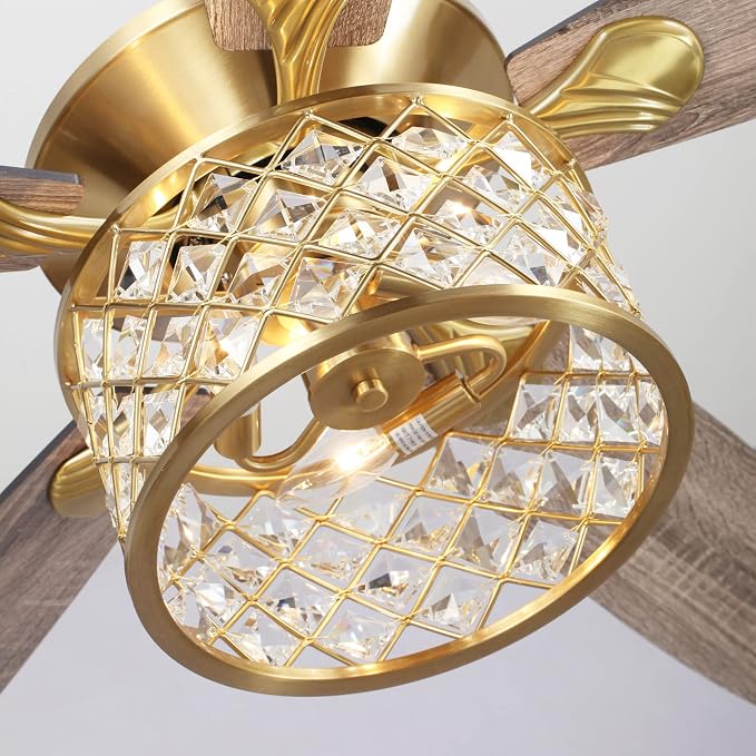 52" Antique Brass Crystal Ceiling Fan with Light and Remote, Vintage Chandelier Ceiling Fan with 5 Wood Blades, Reversible AC Motor, 3-Speed Downrod Mount Fan for Living Room Bedroom Dining Room