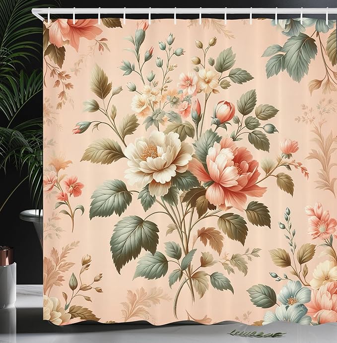 Ambesonne Floral Shower Curtain, Vintage Countryside Cottagecore Vibe Flowers Pastel Tones Paint Print, Cloth Fabric Bathroom Decor Set with Hooks, 69" W x 84" L, Pale Peach Reseda Green