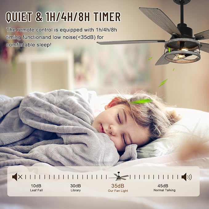 52'' Farmhouse Ceiling Fans with Lights and Remote Control | Reversible DC Motor,5 Double Colour Blades,Rustic Caged Chandelier Ceiling Fan with Light for Living Room,Dining Room,Bedroom