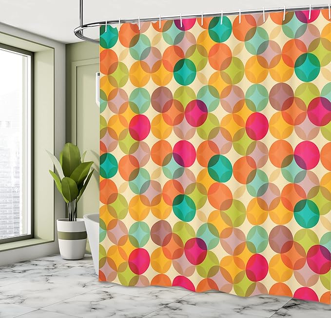 Ambesonne Vintage Shower Curtain, Retro Abstract Ornament of Mosaic Style Circle Fashionable Cheerful Round Nostalgia Art Print, Cloth Fabric Bathroom Decor Set with Hooks, 69" W x 84" L, Apple Green