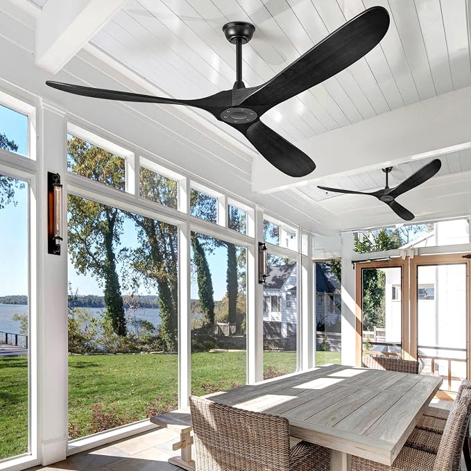 ABZ 72 Inch Ceiling Fans without Lights, Large Ceiling Fans no Lights with Remote Control, 3 Blade Solid Wood Indoor Black Outdoor Ceiling Fan for Patios Living Room Bedroom