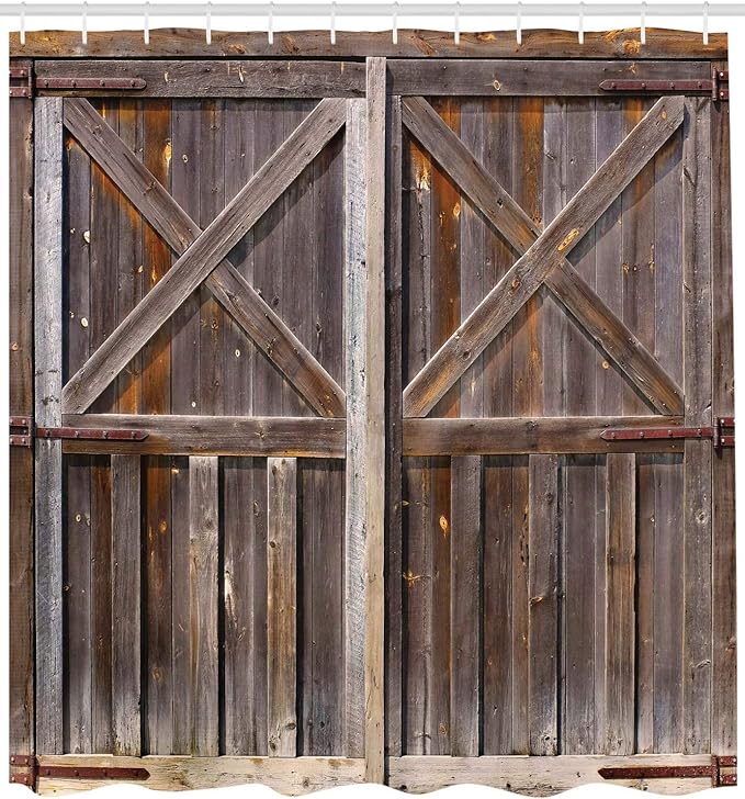 Ambesonne Rustic Shower Curtain, Old Wooden Barn Door of Farmhouse Oak Countryside Village Board Rural Life Photo Print, Cloth Fabric Bathroom Decor Set with Hooks, 69" W x 84" L, Brown