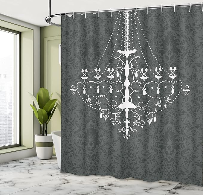 Ambesonne Vintage Shower Curtain, Victorian and Baroque Style of a Nostalgic Chandelier on The Damask Pattern Background Rococo Design, Cloth Fabric Bathroom Set with Hooks, 69" W x 70" L, Dark Grey