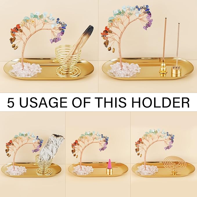 ZenBless 7 Chakra Healing Crystal Tree Incense Holder Palo Santo Sage Burner Brass Ash Catcher for Incense Sticks Coil Cones Yoga Meditation Zen Spiritual Room Home Decoration (Oval)