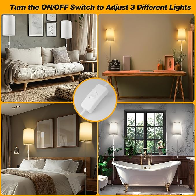 Plug in Wall Sconce, 3 Color, Set of Two, Industrial Wall Lamp with Plug in Cord, Rustic Fixture, On/Off Switch Vintage Wall Light Fixture for Headboard Bedroom Porch (White)