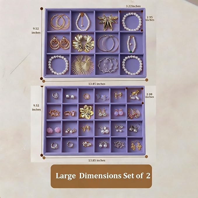 Large Velvet Jewelry Tray 2 Pack Stackable Jewelry Display Drawer Inserts Trays Organizer for Earring Bracelet Necklace Ring (Purple, 12 Grids+24 Grids)