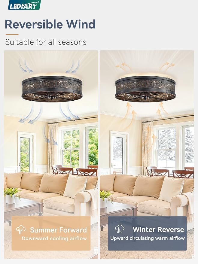 LEDIARY 20" Caged Ceiling Fans with Lights,Low Profile Flush Mount Enclosed Bladeless Farmhouse Ceiling Fan with Light and Remote,Black Vintage Victorian Rustic Fandelier for Bedroom,Kitchen,Indoor