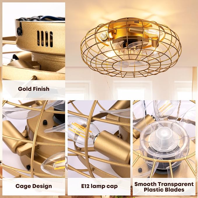 Ceiling Fan with Lights, 16 Inch Caged Ceiling Fan Lights Remote Control Small Industrial Ceiling Fan Light Fixture Flush Mount Farmhouse Light 8 Speeds Bladeless Lights for Bedroom Kitchen
