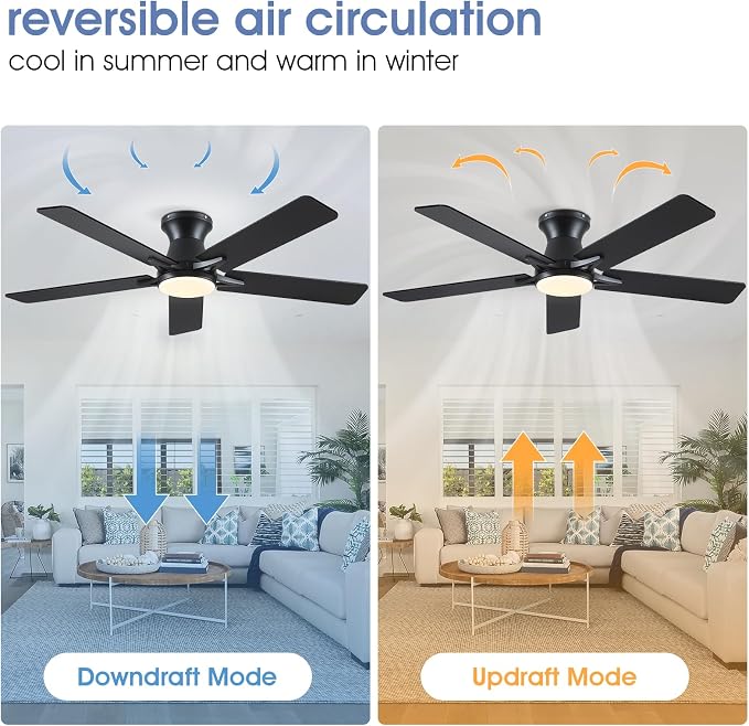 52"Modern Black Low Profile Flush Mount Ceiling Fans with Light and Remote | Supports Remote and APP, 6 Wind Speeds, Reversible, Dimmable 3 Light Colors LED Light, Noiseless 30W DC Motor,2H Timer