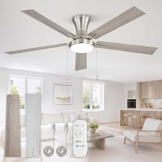 ZMISHIBO Ceiling Fans with Lights, Low Profile Ceiling Fan with Pull Chain and Remote Control, Flush Mount, Reversible, Dimmable, Noiseless, White Pull Cord Ceiling Fan for Bedroom(60inch Nickel)