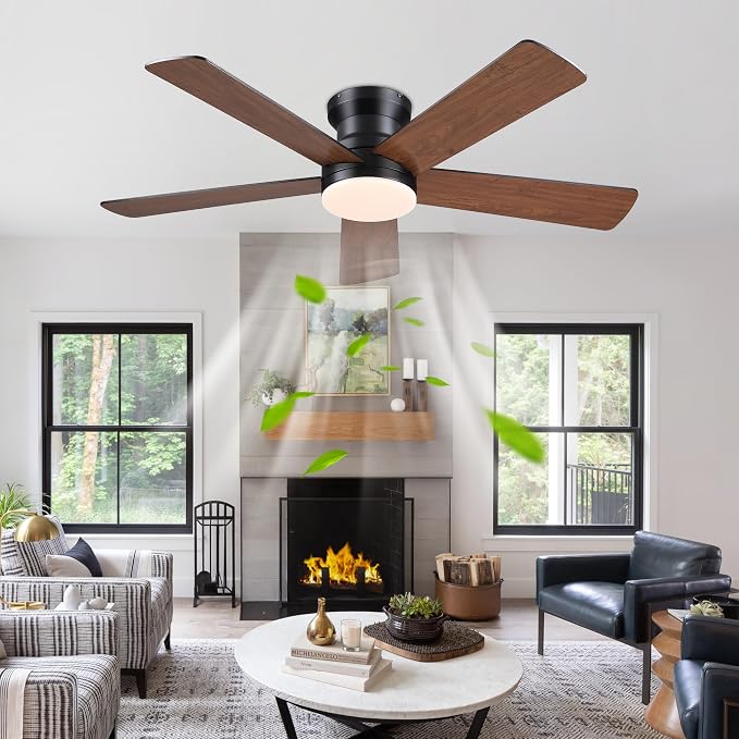 Ayaoty Flush Mount Ceiling Fan with Light and Remote/APP - 48" Low Profile Ceiling Fan with 3CCT Dimmable, 5 Reversible Blades, Modern Indoor Fan Light Fixtures for Bedroom, Kitchen