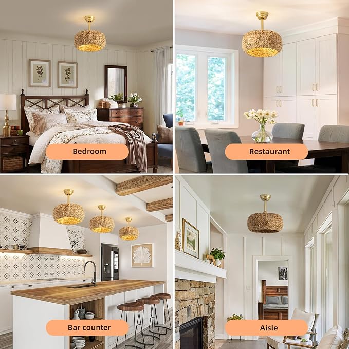 Caged Rattan Ceiling Fans with Lights,Boho Flush Mount Ceiling Fan with Light Low Profile Chandelier 6 Speed Bladeless Reversible Ceiling Fan for Living Room Bedroom kitchen island dining room 17inch