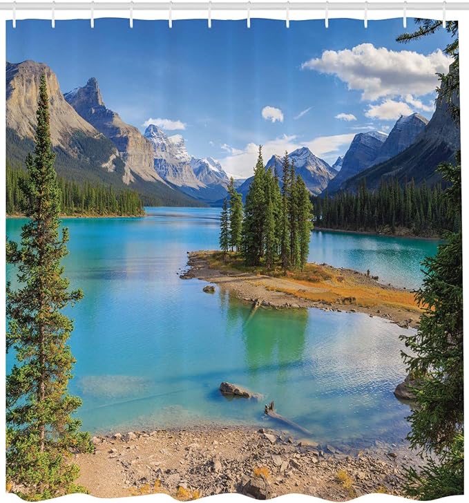 Ambesonne Landscape Shower Curtain, Maligne Lake in Jasper Natioanal Park Alberta Canada Summer Day Outdoor Picture, Cloth Fabric Bathroom Decor Set with Hooks, 69" W x 70" L, Green Azure