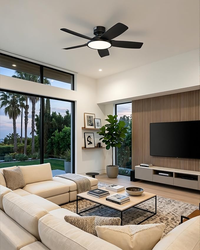 VONLUCE 42 Inch Ceiling Fan with Lights, Quick Install Ceiling Fan and Remote, 6-Speeds Noiseless Reversible DC Motor, 3CCT, Modern Ceiling Fan for Bedroom Living Room Kitchen, Black