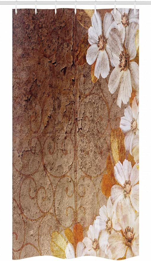 Ambesonne Grunge Stall Shower Curtain, Flowers and Leaves Pattern on Cracked Wall with Floral Lines Classic Design, Fabric Bathroom Decor Set with Hooks, 36" W x 72" L, White Brown