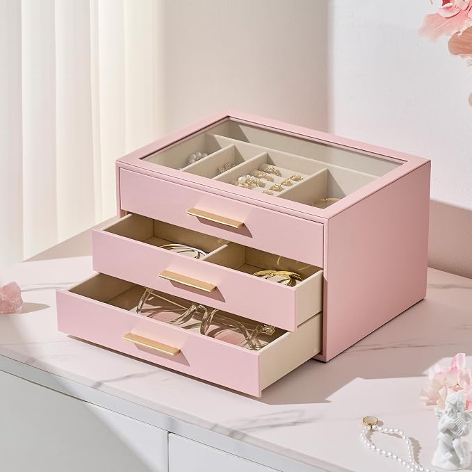 pickpiff Jewelry Box Organizer Case for Women: 3-Layer Jewelry Storage Case with Glass Window, Pink Leather with Velvet Holder for Ring Necklace Bracelet Brooch Watch, Great Gift for Her
