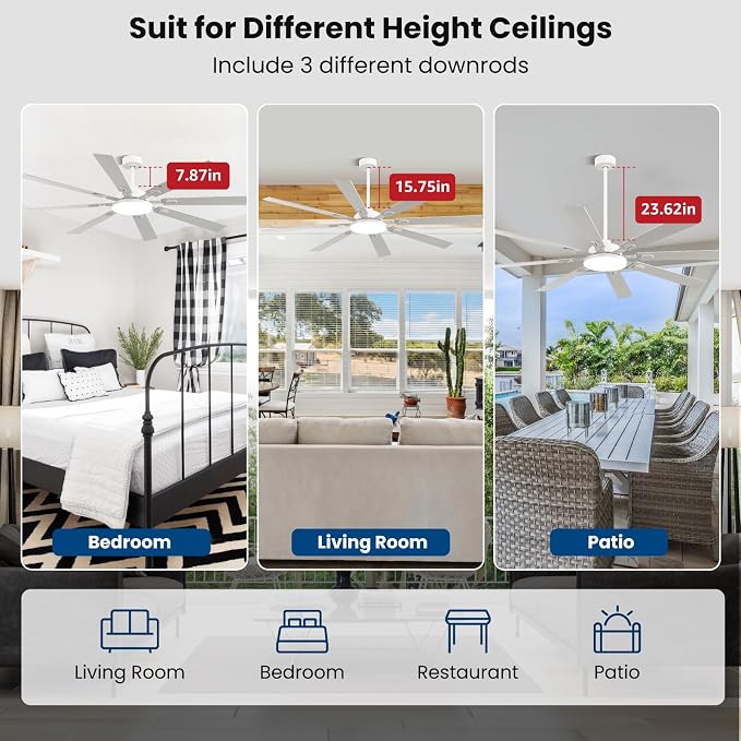 72 Inch Ceiling Fans with Lights and Remote, Dual Color 8 Blades, Bedroom Living Room Office Library Cafe Outdoor Industrial, 3CCT Dimmable, 6 Speed Reversible Quiet DC Motor, White/Wood Grain