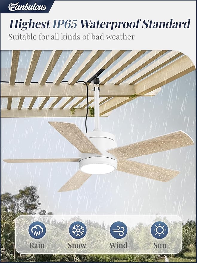 Fanbulous 42" Outdoor Ceiling Fan with Light and Remote, IP65 Waterproof, Plug-in Design with 10FT Cord, 6-Speeds, 3CCT, Hook Hanging Fan for Gazebo Patio Porch Garage Canopy(White)