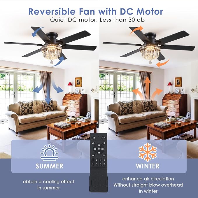 Asyko 52" Low Profile Crystal Ceiling Fans with LED Lights and Remote/APP | Supports Remote and APP,Reversible 6 Wind Speeds,30W Quiet DC Motor,6 Wood Blades,Dimmable 30W LED,Suits for Bedroom Kitchen
