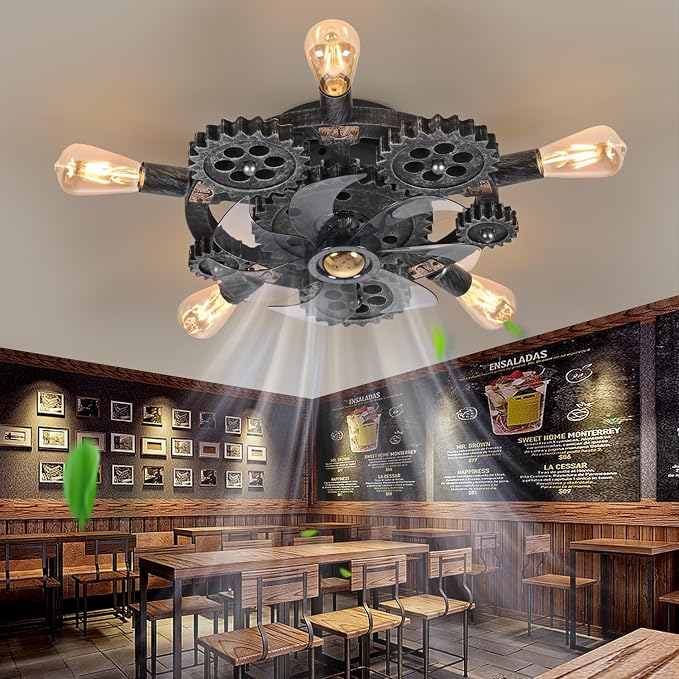 20" Retro Industrial Steampunk Ceiling Fans with Lights and Remote,Low Profile Flush Mount Bladeless Ceiling Fan with Light,Nautical Style 6 Speeds for Bedroom Kitchen Island Bar Cafe