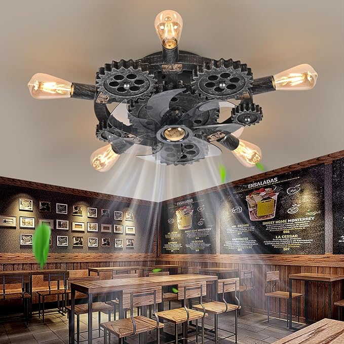 20" Retro Industrial Steampunk Ceiling Fans with Lights and Remote,Low Profile Flush Mount Bladeless Ceiling Fan with Light,Nautical Style 6 Speeds for Bedroom Kitchen Island Bar Cafe