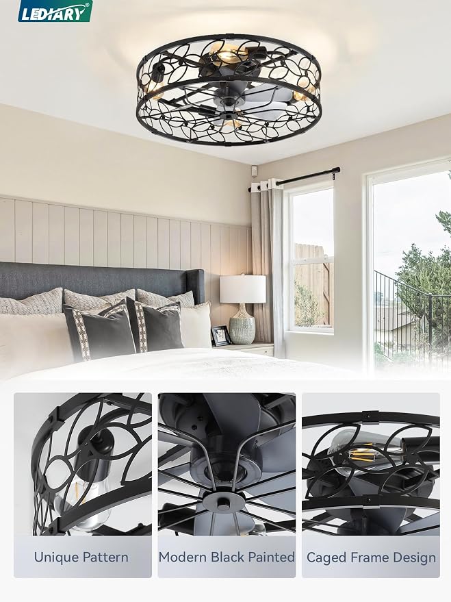 LEDIARY 23 Inch Caged Ceiling Fans with Lights, Black Flush Mount Ceiling Fan with Remote, Large Low Profile Bladeless Ceiling Fan Light Fixture for Bedroom, Kitchen, Dining Room